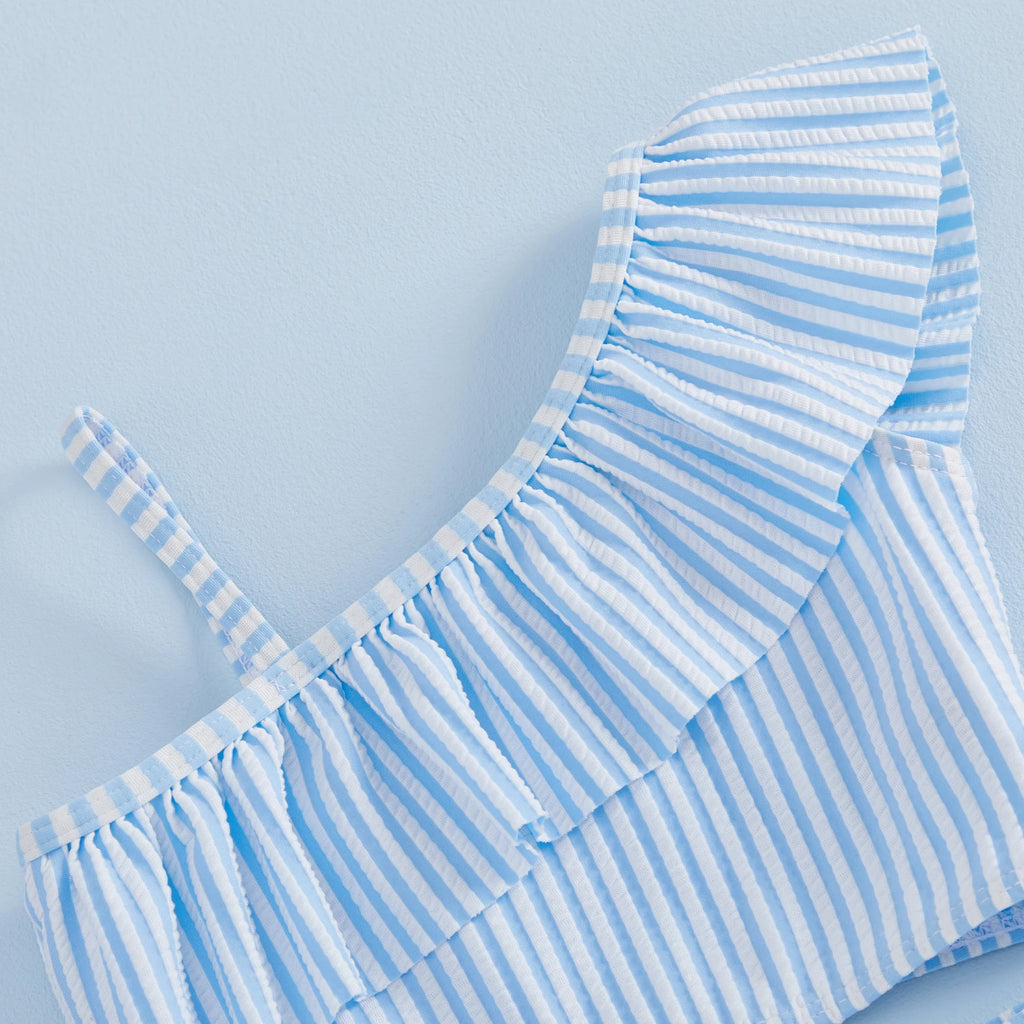  1-5Y Toddler Girls 2pcs Bikini Sets Kids Striped One Shoulder Asymmetric Swimsuit Ruffled Swimwear Summer Beach Bathing Suit