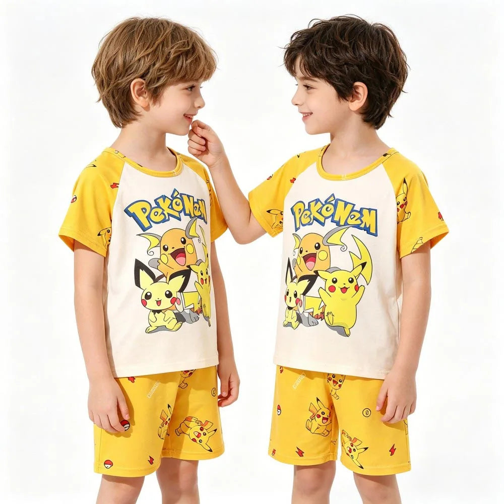 Boys and Girls Summer Short Sleeve Pikachu Pajamas Sets Kids Pyjamas Animal Cartoon Baby Homewear Nightwear for 2 to 14Years