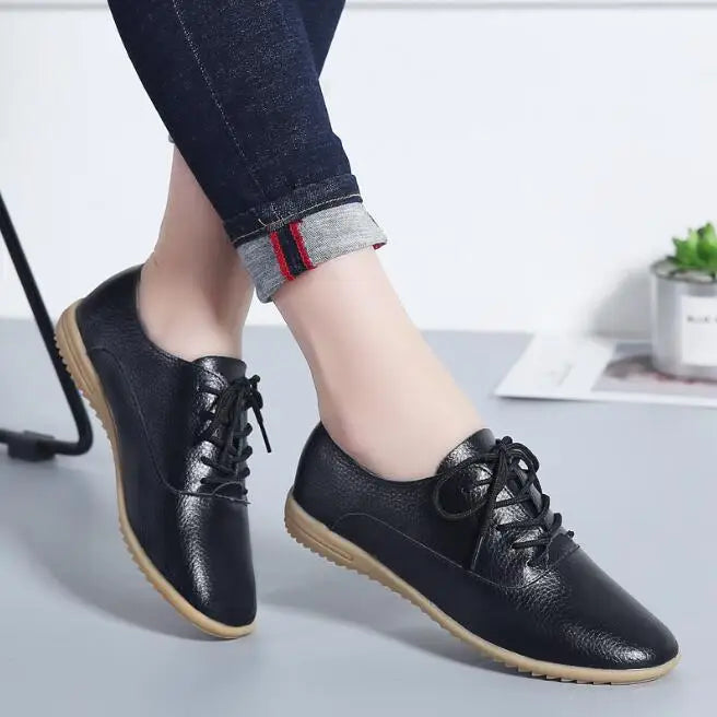 2026 New Women Flats Spring Autumn Woman Loafers Genuine Leather Female Shoes Lace up Soft Comfortable Ladies Women's Shoes
