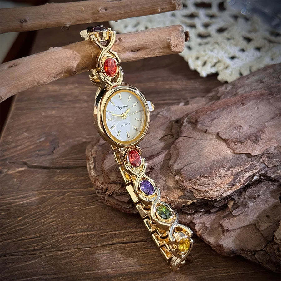 Exquisite ladies' watch with oval gemstone and diamond inlay, compact vintage rainbow women's watch