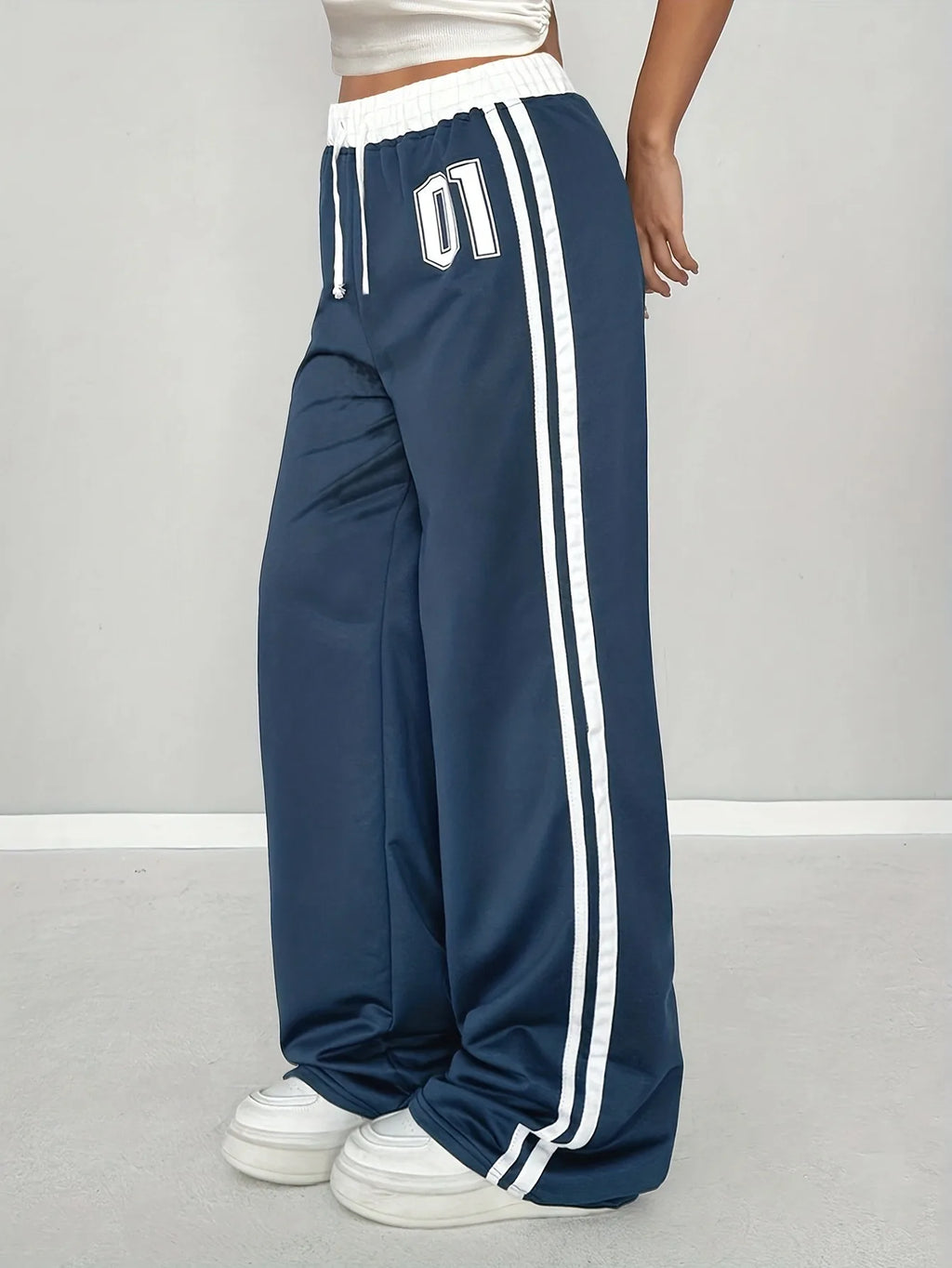 Kids Girls 01 Number Contrast Striped Drawstring Waist Wide Leg Sports Casual Pants