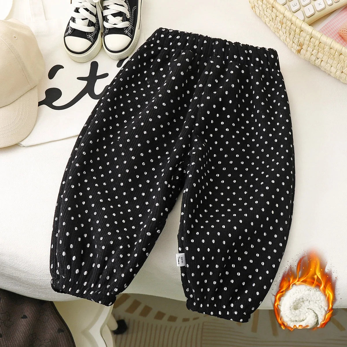2026 Early Spring Fleece Lined Unisex Kids Pants Printed Toddler Boys Girls Trousers Retro Polka Dot Pattern Children's Clothes