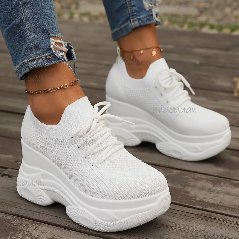 Black Knitted Wedges Heel Sneakers Women Spring Autumn Breathable Chunky Platform Sneakers Woman Slip on Mesh Sports Shoes 35-42