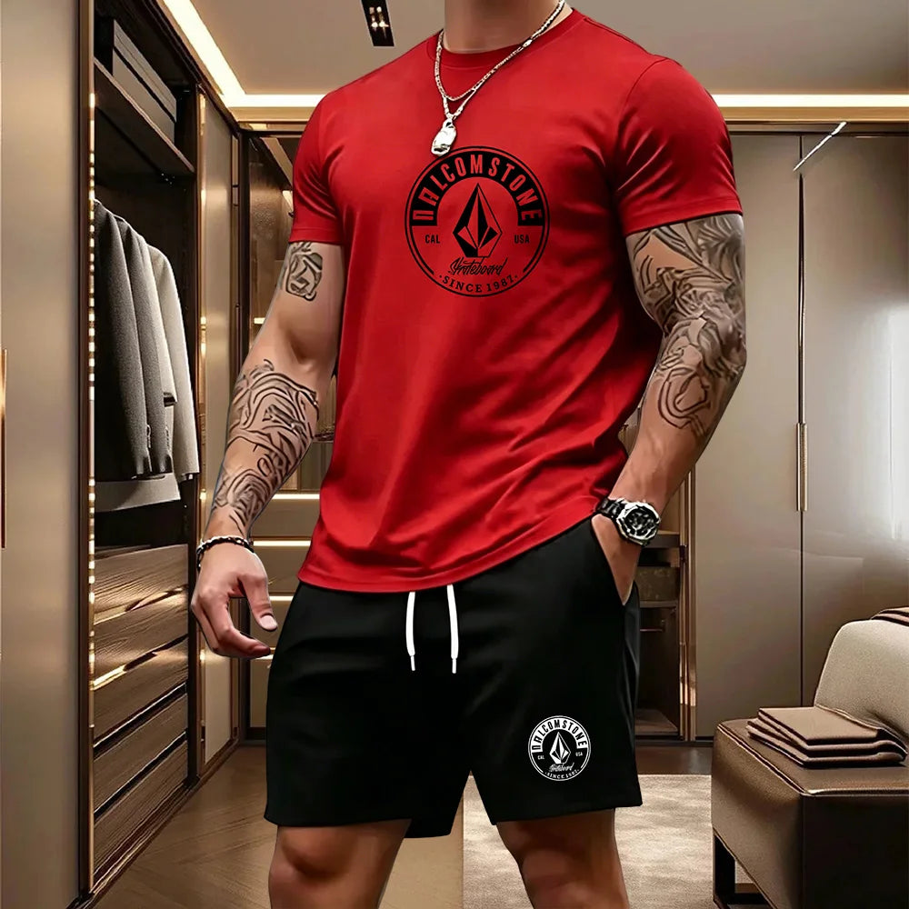 Men's Casual Sportswear 2-piece Set Classic Short Sleeved T-shirt+drawstring Pocket Shorts Street Skateboarding Outdoor Outfit