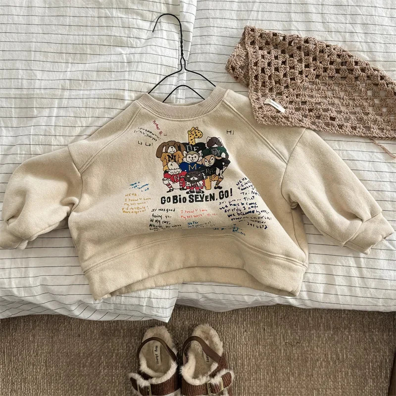 Kids Fleece Sweatshirt Winter Boys Girls Korean Style Warm Pullover Top Long Sleeve Toddler Baby Clothes Cotton Thick Unisex