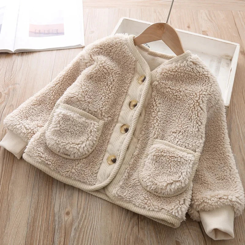 2026Korean Boys Fall Winter Clothes For Girls Velvet Loose Lamb Velvet Warm Children's Jacket Coat For Girls 0-5-year-old