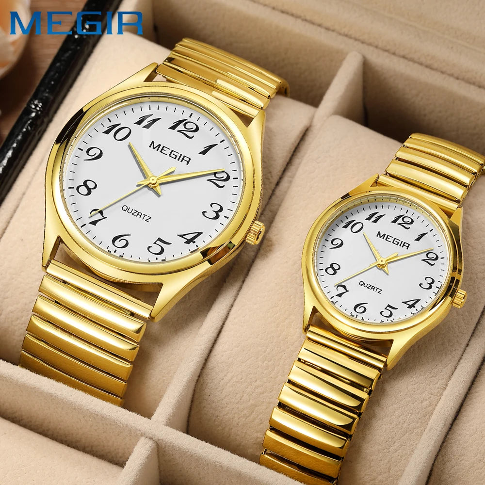 MEGIR Top Luxury Couple Watch for Men Women Golden Stainless Steel Quartz Wrist Watches Lovers Analog Wristwatch Waterproof