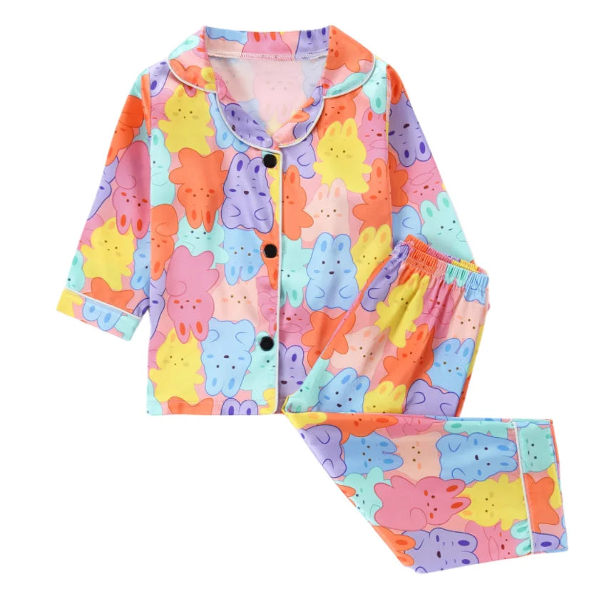 Girls Pajama Set Air-Condition 2pcs Outfit Children Casual Home Clothes Kids Cartoon Rainbow Rabbit Print Nightgown