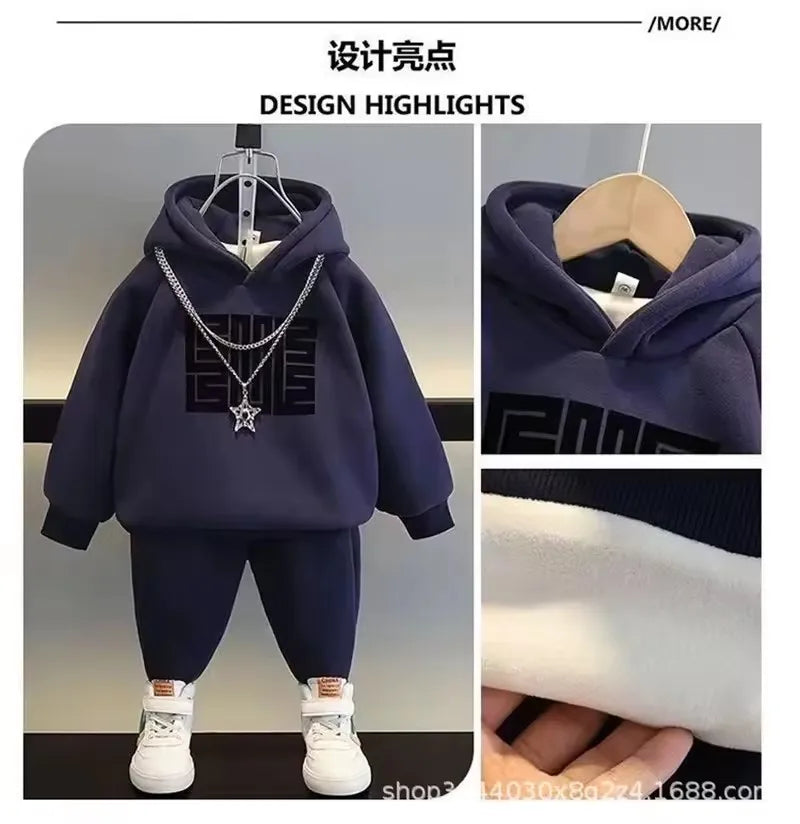 Kids Sweatshirts Sets Winter Children Plus Velvet Thick Warm Suit Boys Girls Hooded Pullover+Pants 2Pcs Cotton Tracksuit Outfits