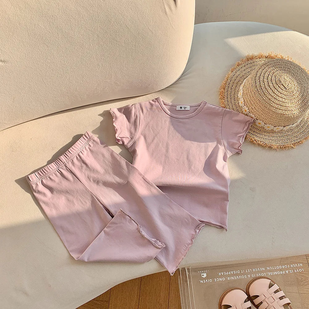 Children's Odell Suit Girls' Candy Color Short-sleeved Air-conditioned Clothes Baby Pants Pajamas Home Clothes