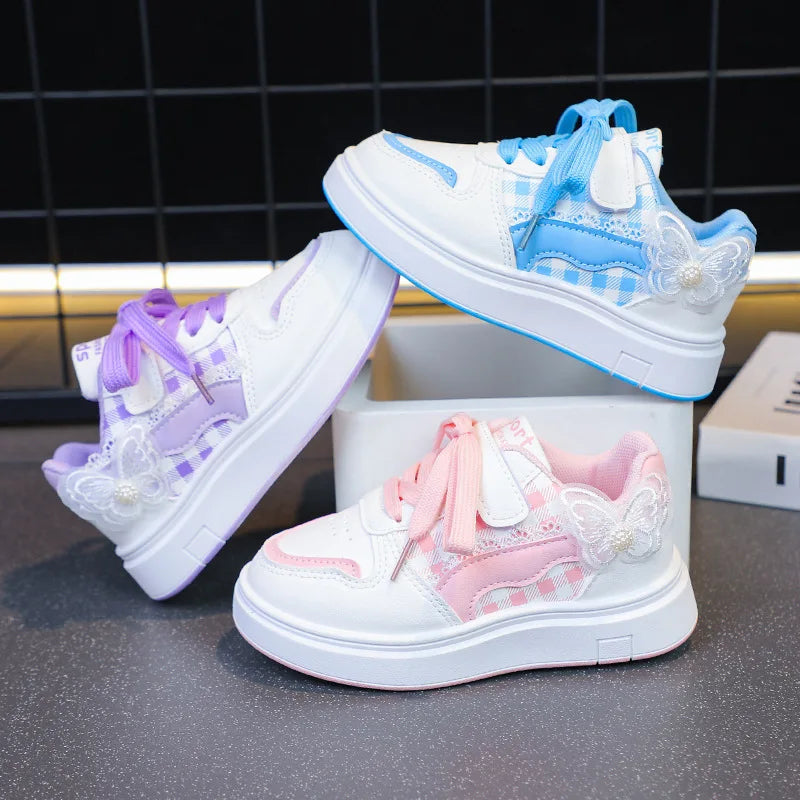 Girls Sneakers White Lace Decoration Butterfly Children's Sports Shoes Breathable Casual Non-slip Outdoors Kids Board Shoes