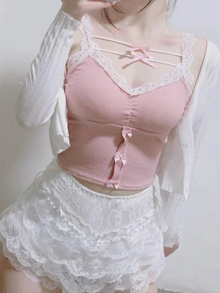 Pink Crop Top Women Summer Cute Y2k Tops Lace Trim Bows Decoration Slim Camis Sweet Girls Lolita Style Aesthetic Kawaii Clothes