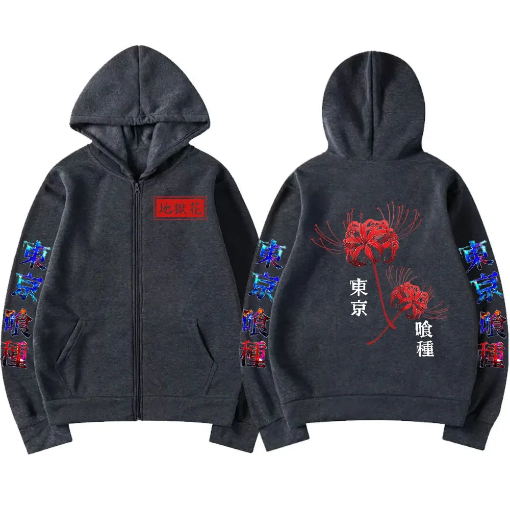 Anime Tokyo Ghoul Spider Lily Zipper Hoodie Kanekiken Manga Graphic Print Hooded Zip Up Sweatshirts Oversize Men's Jackets Coats