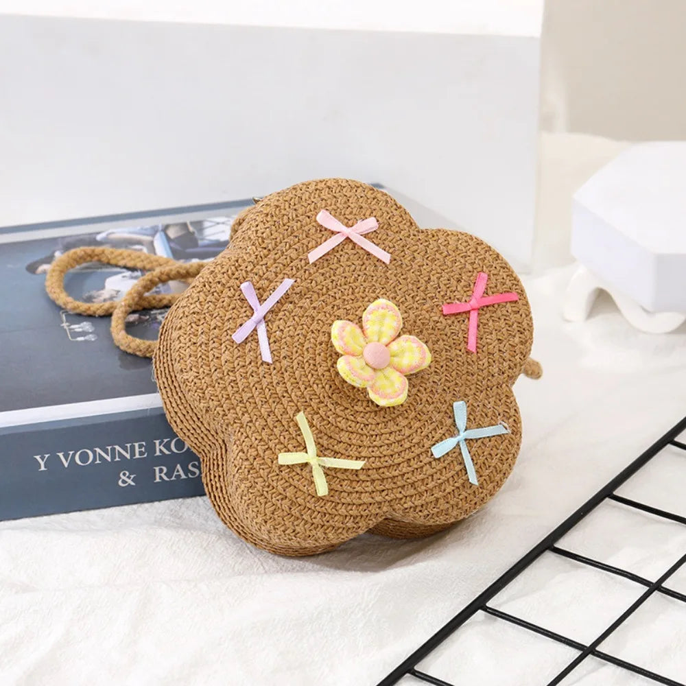 Cute Summer Children Girls Shoulder Bag Flower Bow Handmade Straw Baby Bags Messenger Bag Kids Keys Coin Purse Cute Mini Handbag