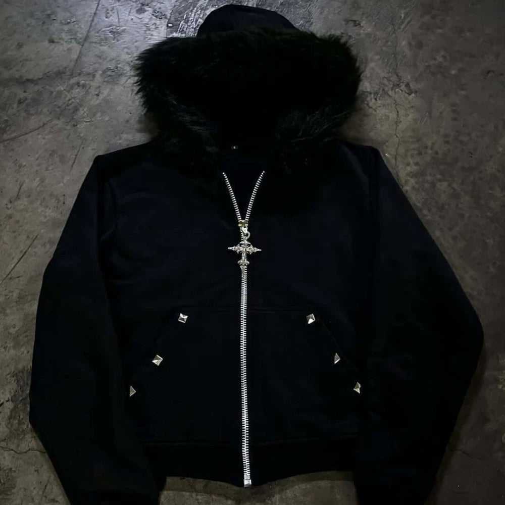 European Fluff Hat Sweater Pattern Long-Sleeved Hoodie Retro Coat Street Trend Dark Style Warm Coat for Women Y2K style