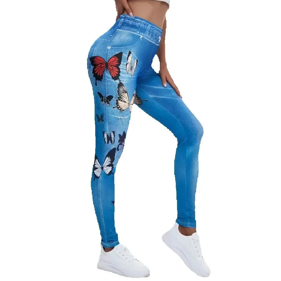 Sports Yoga Leggings Women Butterfly Soft Women Red Butterfly Print Jeggings High Elastic  Fitness Slim Fit Vintage Fake Jeans