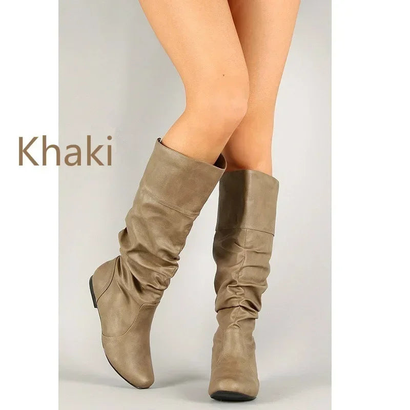 Women Leather Boots Fashion Pleated Wedge Long Boots Round Toe Autumn Winter Solid Slip On Shoes Ladies High Boot Botas De Mujer