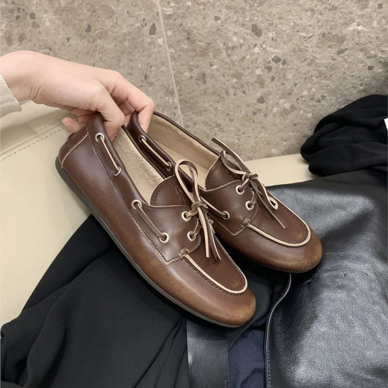 Women's Loafers Shoes Genuine Leather High Quality Round Toe Soft Bottom Flat Shoes Lace Up Breathable Ladies Casual Shoes 2026