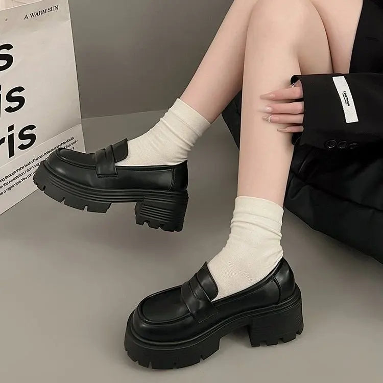 Women's Marry Jane Loafers Shoes Spring Autumn Platform Shoes Slip-on Loafers Fashion PU Leather Shoes Women Flats Black