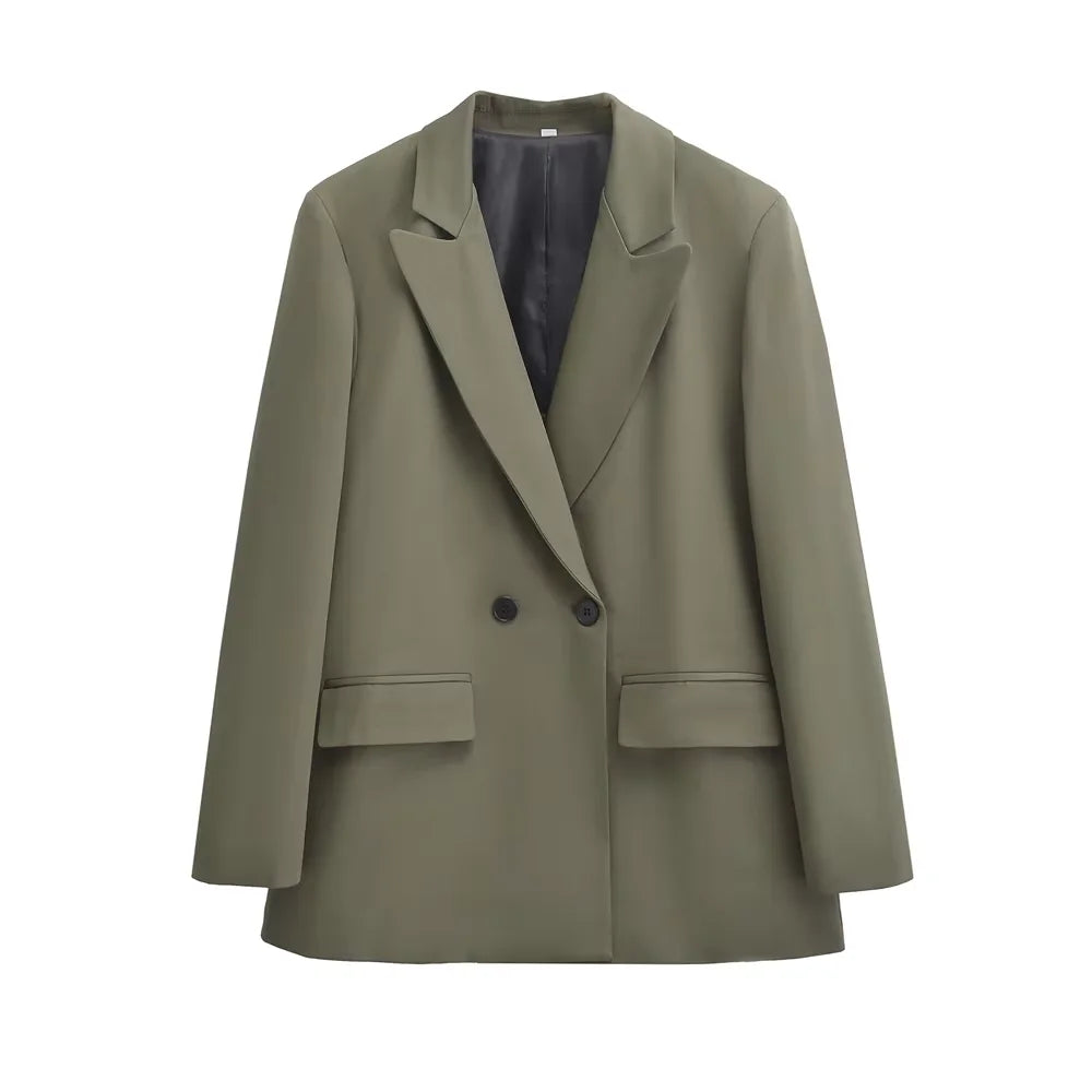 2025 Fashion Simple Loose Double Breasted Blazer Coat Long Sleeve Flap Pockets Female Outerwear Chic Tops Office Outwear