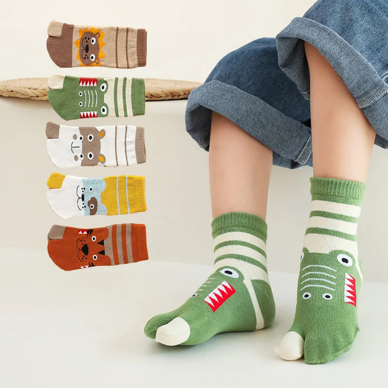 3-12Y Kids Toe Socks Girls Boys Five Finger Socks Autumn Winter High Tube Cotton Crew Socks Cute Cartoon Kawaii