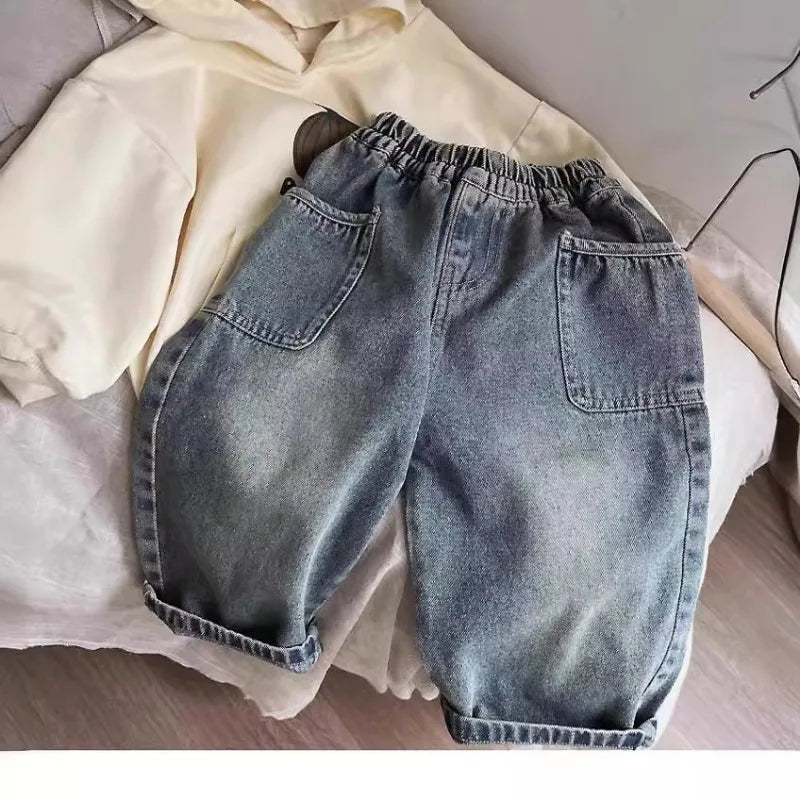 Boys Whiskered Casual Jeans, Childrens Spring Autumn New Pants, Small Medium Kids Trousers With Side Pockets for Daily Wear