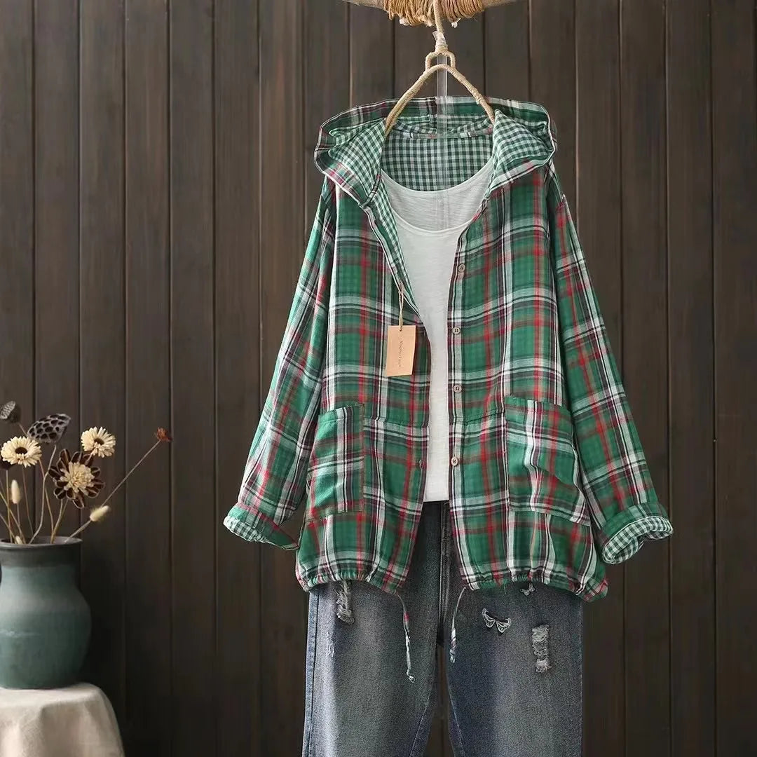New Summer Long Sleeve Anti-sunburn Coat, Hooded Vintage Plaid Shirt Coat for Women, Elegant Fashion 2024 Autumn Top C47671QM