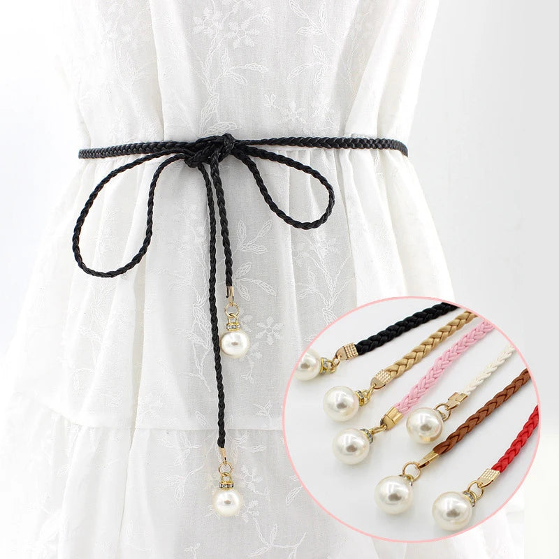 [F] Women Simple PU Leather Belt Boho Tassel Braided Self-Tie Belt Thin Waist Rope Belt