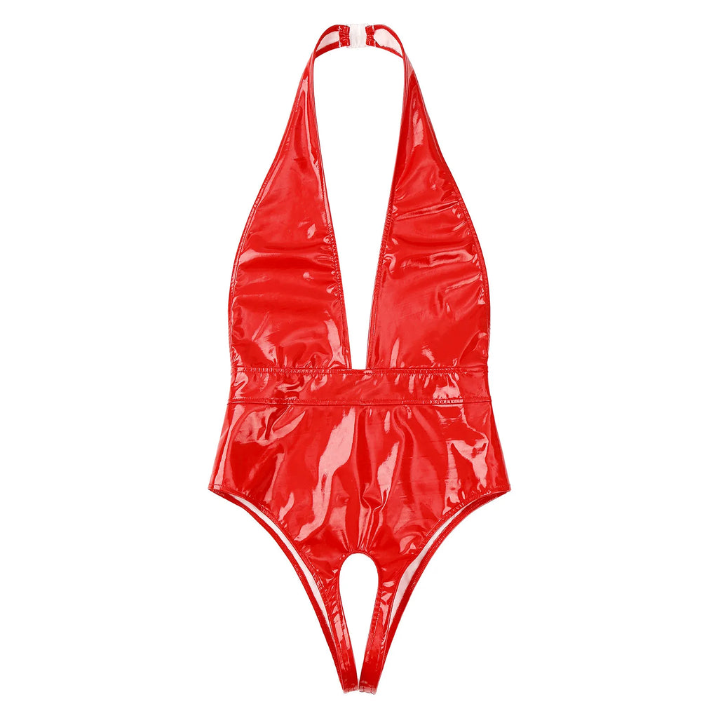 Womens Wet Look Patent Leather Crotchless Bodysuit Halter Deep V Backless Leotard Nightclub Pole Dancing Clubwear Nightwear