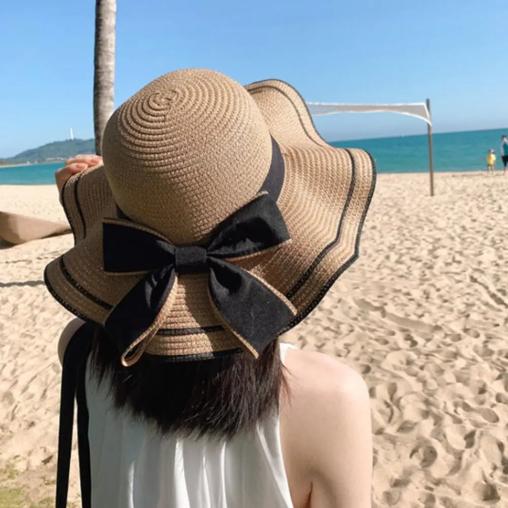 2024 Summer Hats For Women Sun Hat Beach Ladies Fashion Flat Bowknot Panama Lady Casual Sun Hats For Women Straw Hat