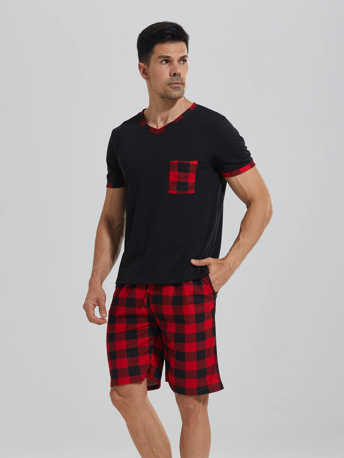 Mens Pajama Sets Short Sleeve Plaid Pajamas for Men Pjs Set Soft Lounge Sleepwear Pj Pants with Pockets Drawstring Shorts Shirts