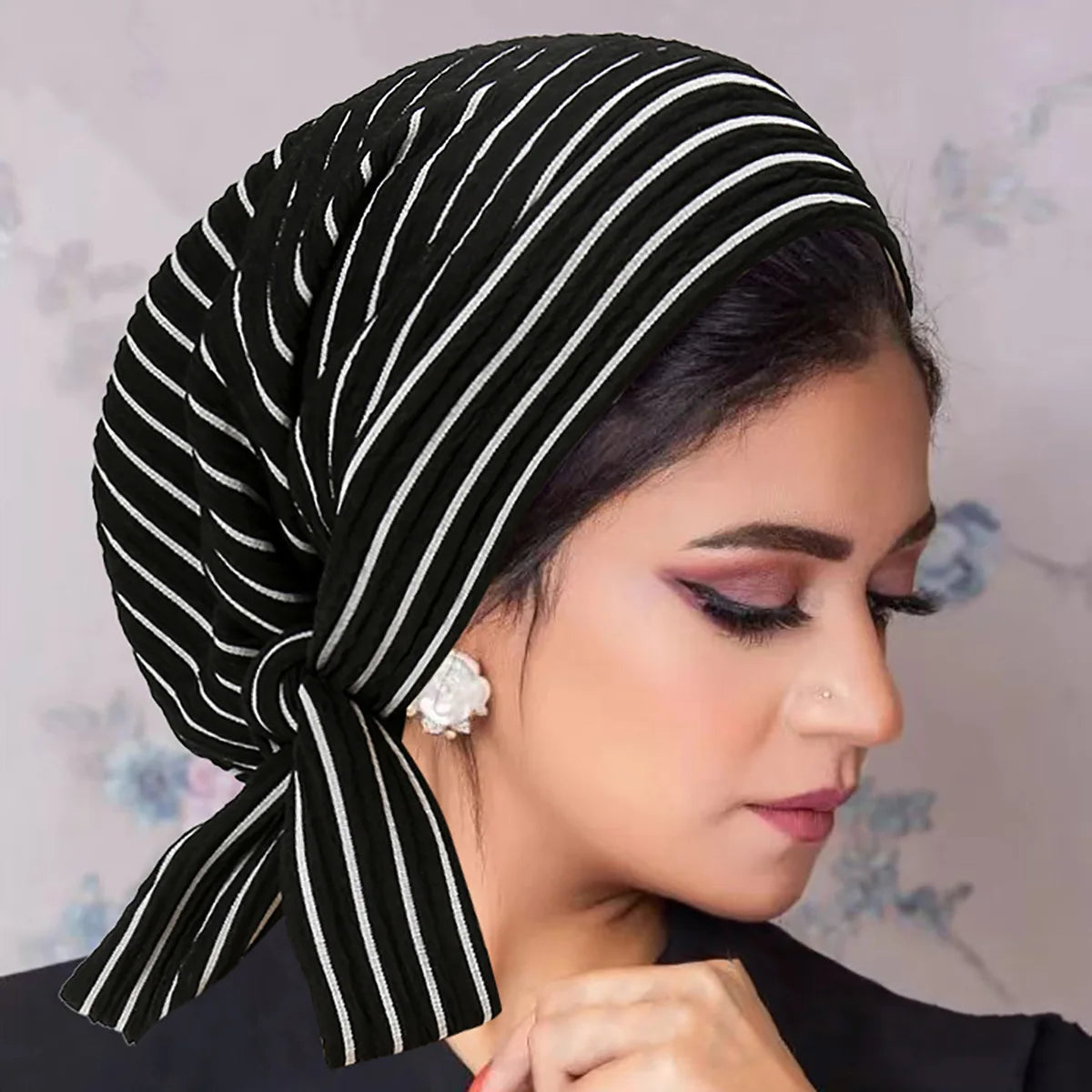 Women Hats 2026 New Fahionable Striped Long Tail Bow Headscarf Hat Chemotherapy Hat Wavy Pattern Caps for Ladies Outfits