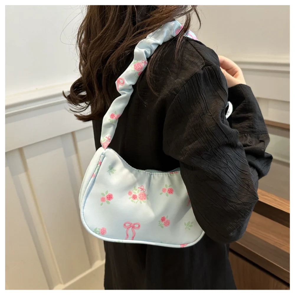 New Drawstring Aesthetic Floral Bag Large Capacity Pleated Strap Underarm Bag Adjustable Strap Zipper Closure Chic Hobo Bag