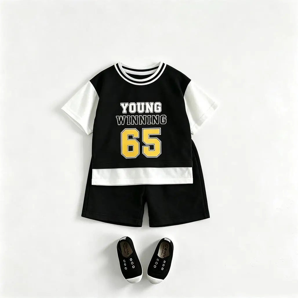 2026 Summer Child Sports Wear Short-sleeved Outfits Fashion Casual Clothing Round Neck TShirt+Shorts Kids New Two Piece Set