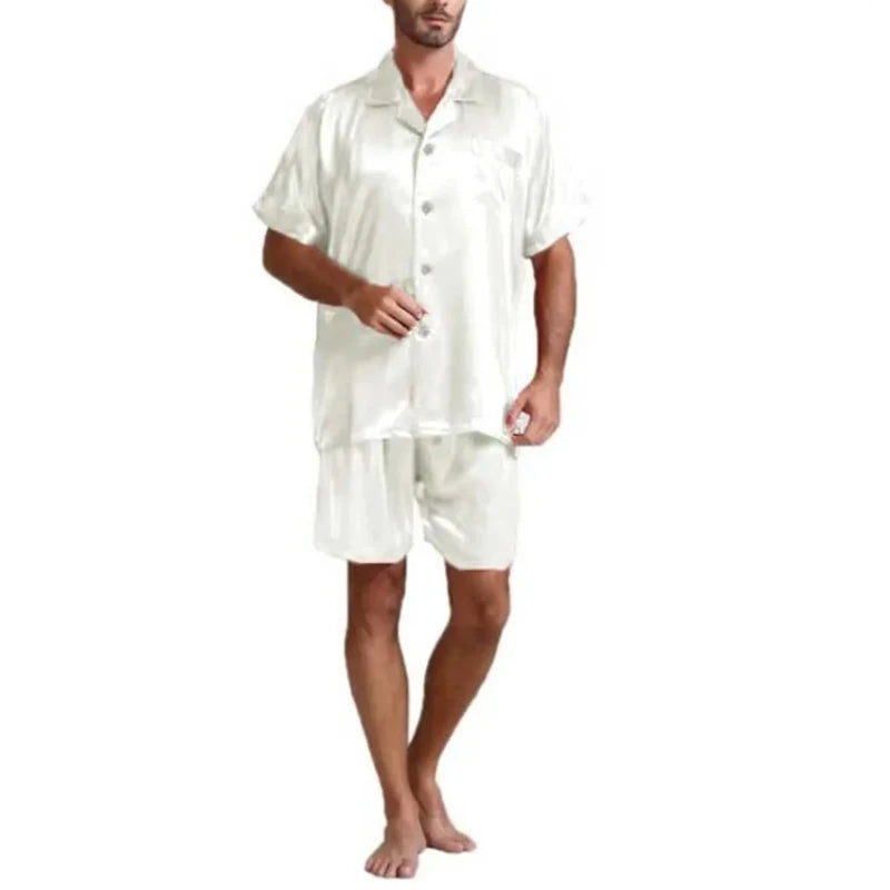 Men's Loose Smooth Skin-friendly Short-sleeved Pajamas Set Solid Color Leisure Home Wear Buttoned Shirts and Shorts 2-piece Suit