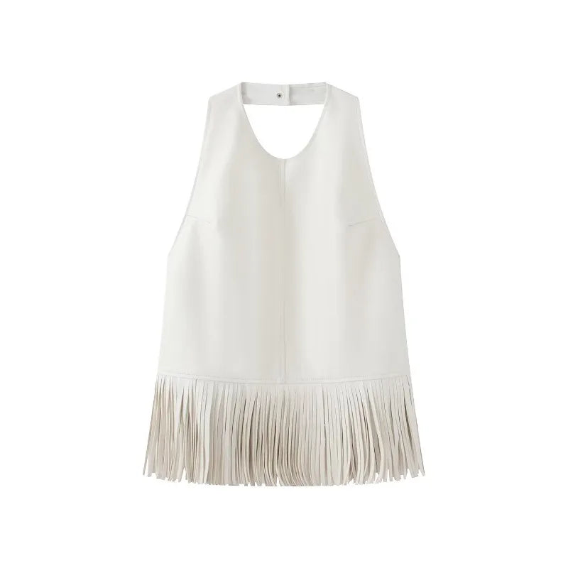 Women Faux Leather Fringe Vest Halter Sleeveless Back Button Sleeveless Waistcoat Western Cowgirl Street Chic Outerwear Tank Top