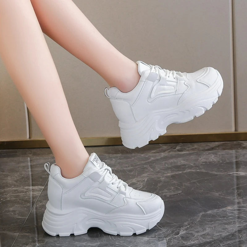 Women's Sneakers White Platform Shoes 2025 Lace-Up Thick Bottom Vulcanize Shoes Solid Color Casual Shoe Pu Leather Women Shoes