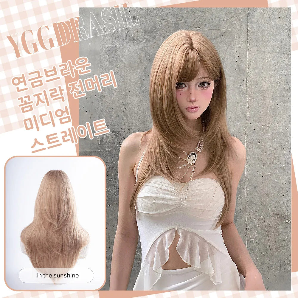 26Inch Modern Style Honey Blonde Synthetic Wigs with Bangs Long Natural Straight Hair Wig for Women Daily Use Heat Resistant