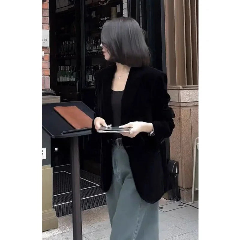 Autumn New Black Velvet Women's Blazer Fashion Long Sleeve Single Button Casual Loose Temperament Suit Top Female Outerwear