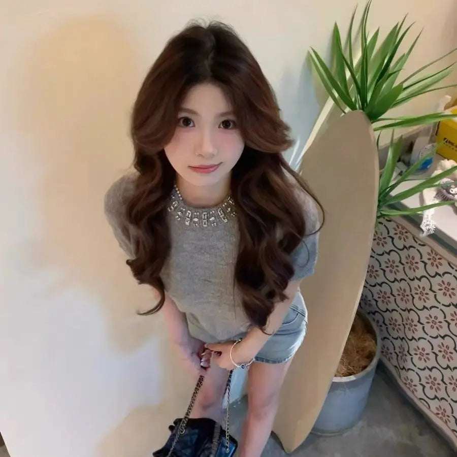 Spring Gray Round Neck Short sleeved T-shirt Women Tops Sweater Summer New Fashion Mohair Knit Pullover Versatile Slim Short Top