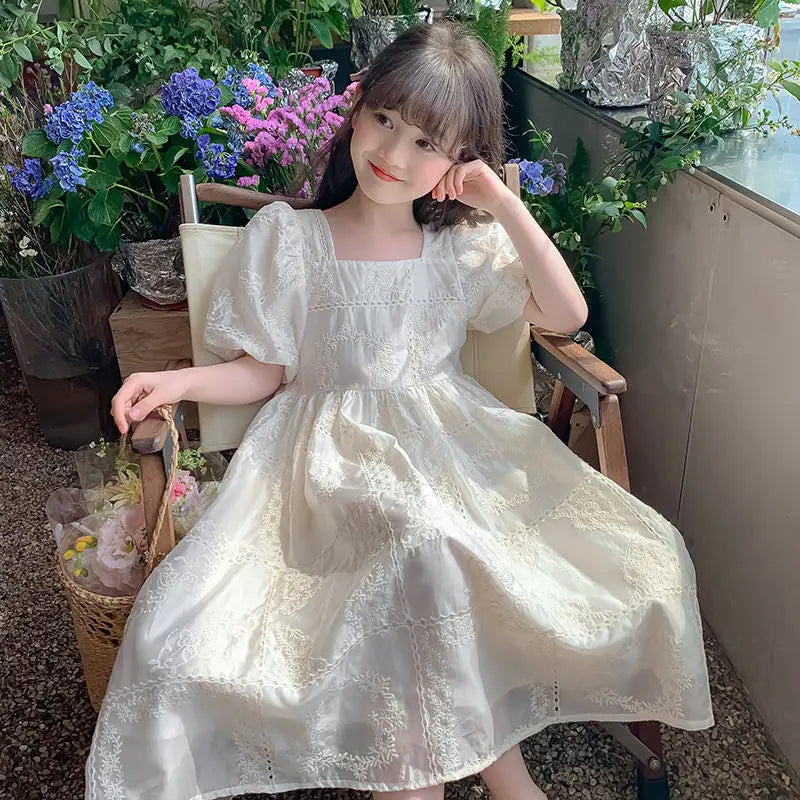 Kids Dresses Teenage White Wedding Party Lace Girl Dress Puff Sleeve Children Carnival Spring Autumn 4 6 7 9 10 12 Years Clothes