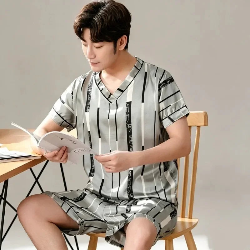 Plus Size Men's Pajamas Set Summer New Fashion Print Men's Sleepwear V-Neck Short Sleeve Shorts Homewear 2026 Casual Cool