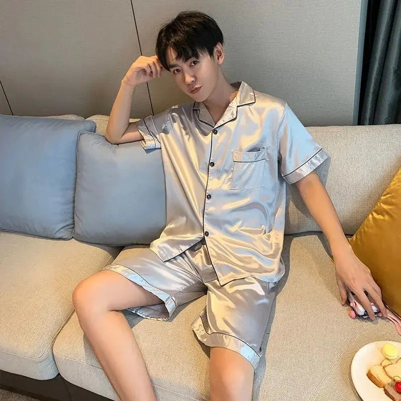 KIDWHXR Man Pajama Set Summer Single-breasted Shirt Male Loose Straight Shorts Men Ice Silk Comfortable 2-piece Sleepwear Outfit