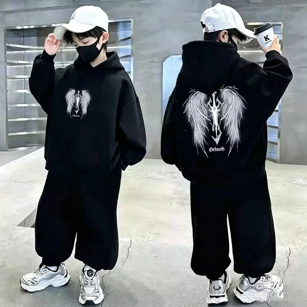 Boys Hoodie Streetwear Angel Wings Trident Print Kids Loose Hooded Sweatshirt Casual Teen Pullover