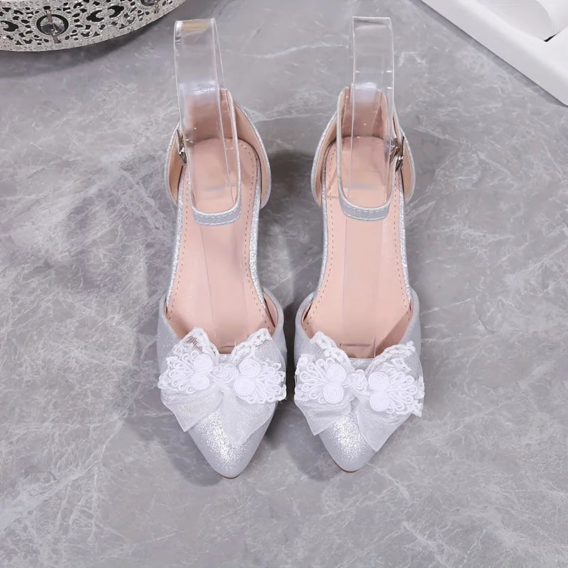 Girls Pointed Toe Lace Sandals 2026 Floral Princess Heels Children Bow Party Dress Shoes Kids Dance Performance Recital Wedding
