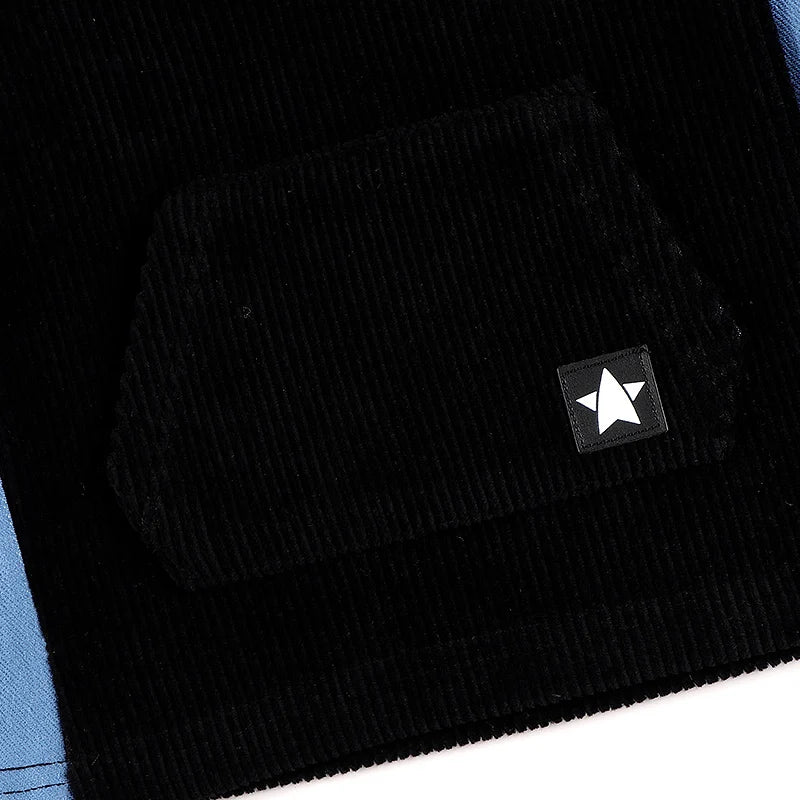 Kids Shirt Black Corduroy Dress Side Denim Panel Long Sleeves Boy/Girls T-Shirt Cangroo Pocket Family Set Outfit Hoodie Clothing