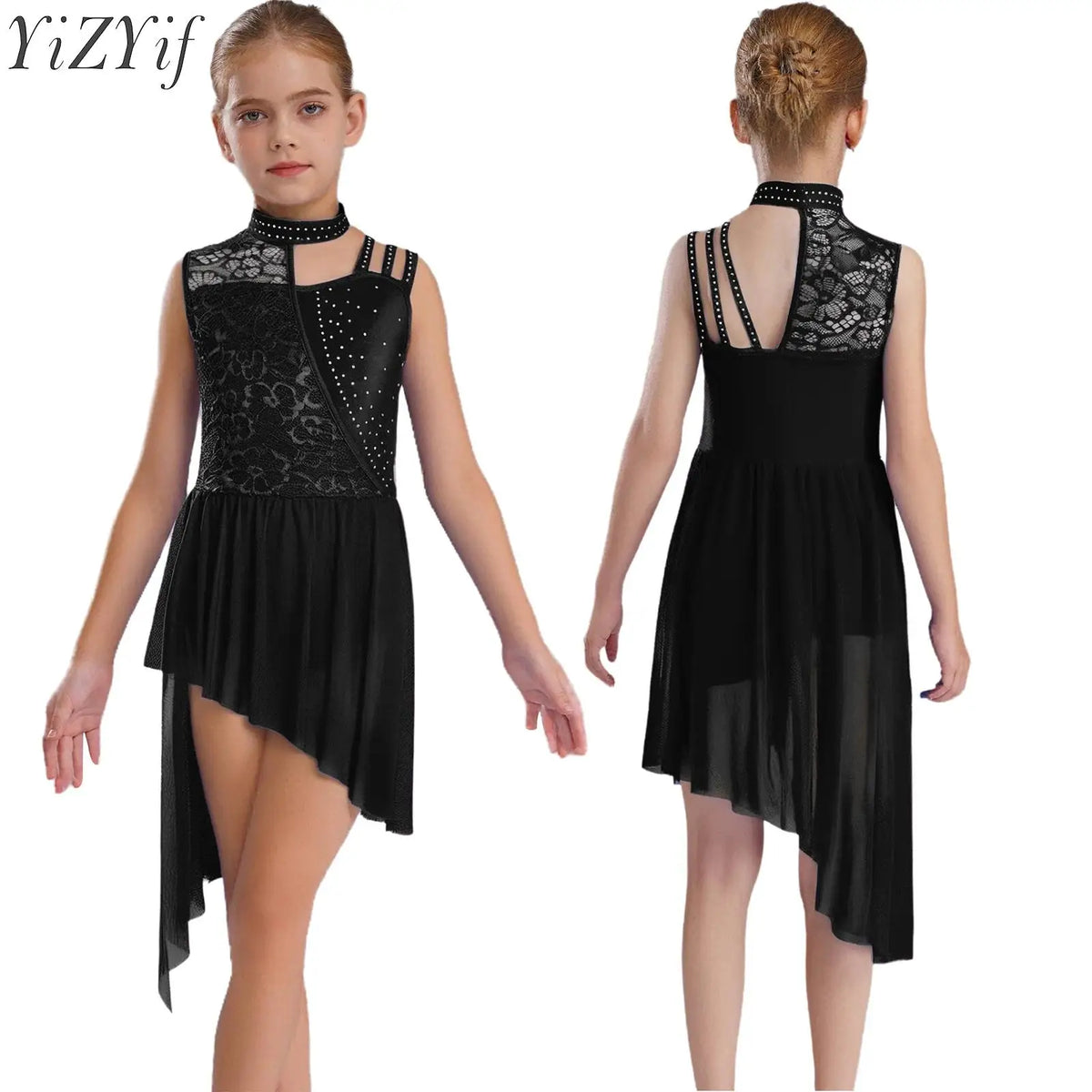 Kids Girls Ballet Lyrical Dance Dress Sleeveless Modern Contemporary Dancewear Floral Lace Rhinestones Gymnastics Leotard Dress