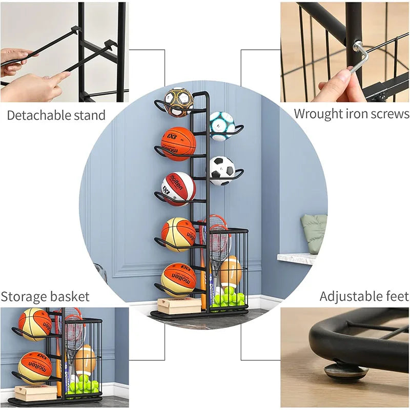 Sports Ball Storage Rack Basketball Badminton Volleyball Freestanding Sport Equipment Organizer Ball Holder For Home Indoor