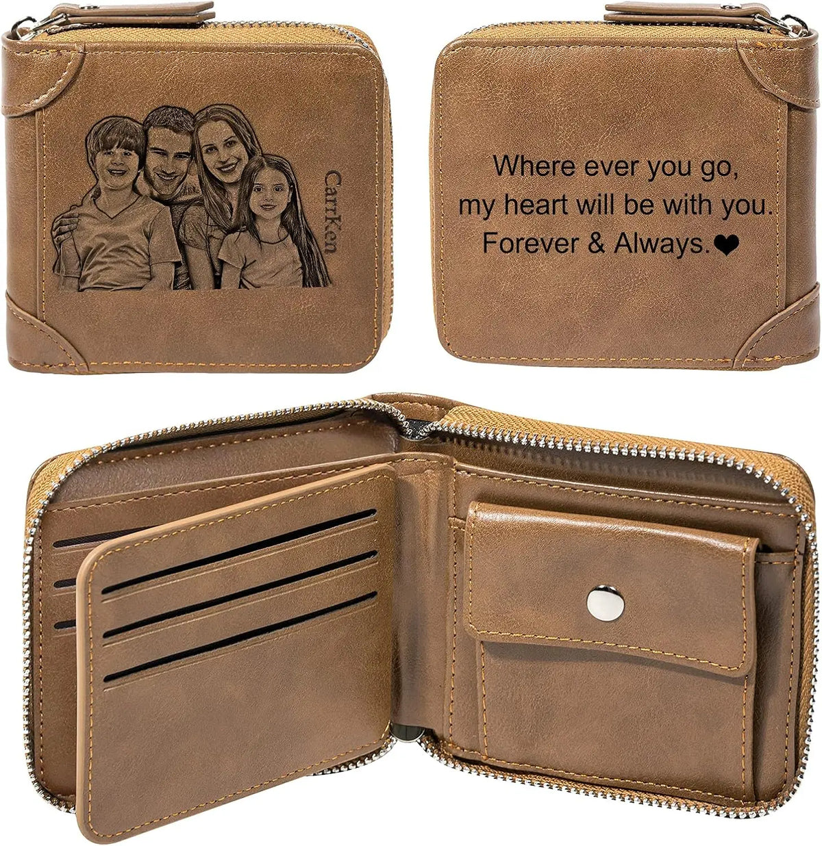 Personalized Custom Photo Wallets for Men, Engraved Customized Zipper Bifold Picture Wallet Fathers Day Birthday