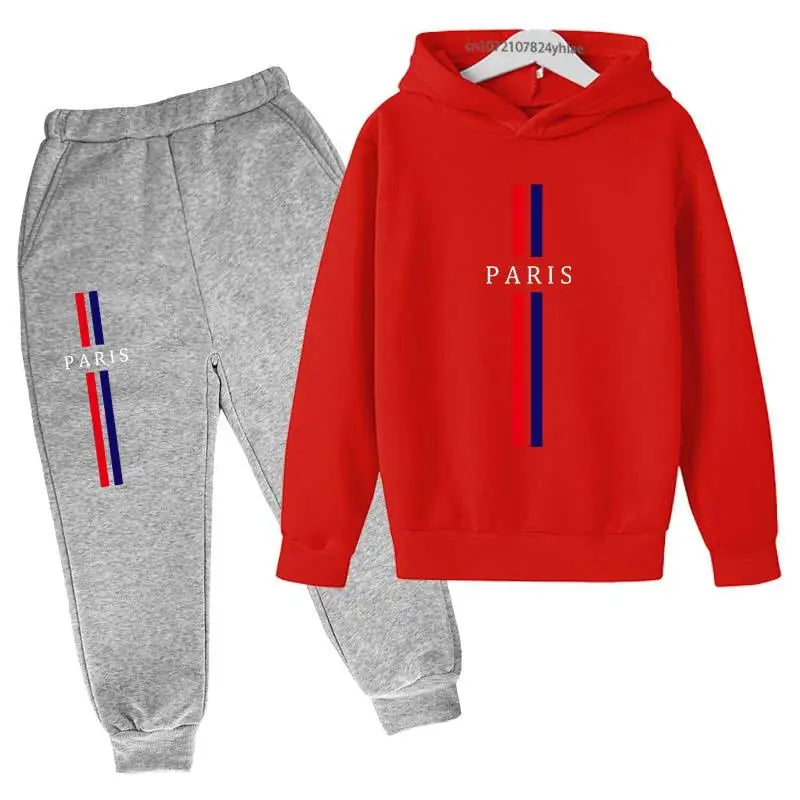 Kids Autumn Spring Casual Paris Print 2pcs Hoodie+Pants Tracksuits 2-13Years Boys Girls Fashion Streetwear Children Clothes Sets